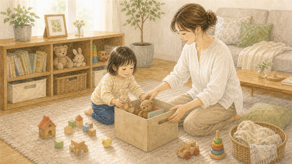 迷うおもちゃをお休み箱に入れて親子で整理しているイラスト