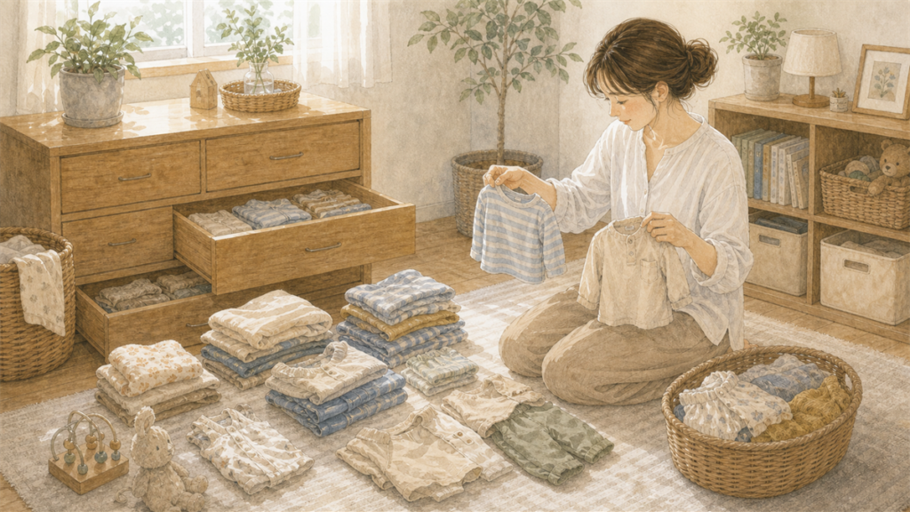 増えやすい子ども服を母親が見直しているイラスト
