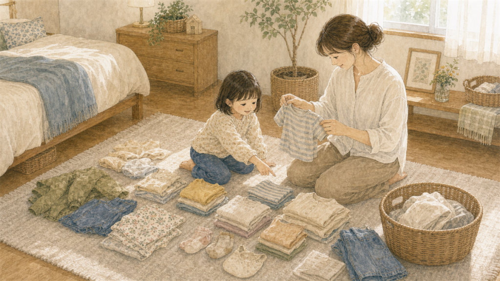 親子で今着る子ども服を選んでいるイラスト