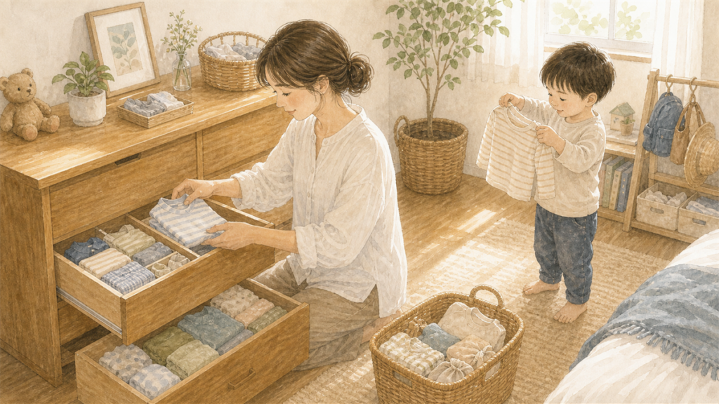 子どもが取り出しやすい引き出しに服を収納しているイラス