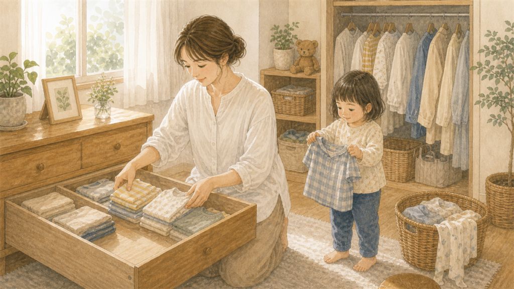 今使う子ども服を中心に整えて朝の支度をしているイラスト
