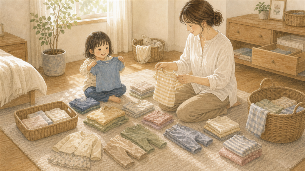 子ども服をサイズや状態でやさしく仕分けしているイラスト