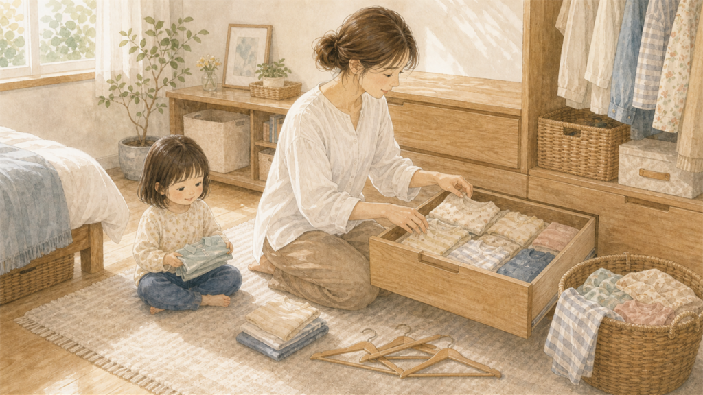 子ども服の引き出し一段から整理を始めているイラスト