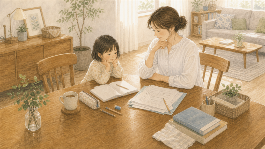 リビング学習で使うダイニングテーブルの状態を親子で確認しているイラスト