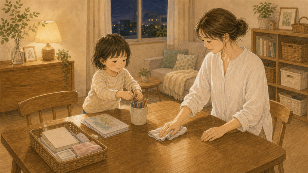 夜に親子でダイニングテーブルを短時間リセットしているイラスト