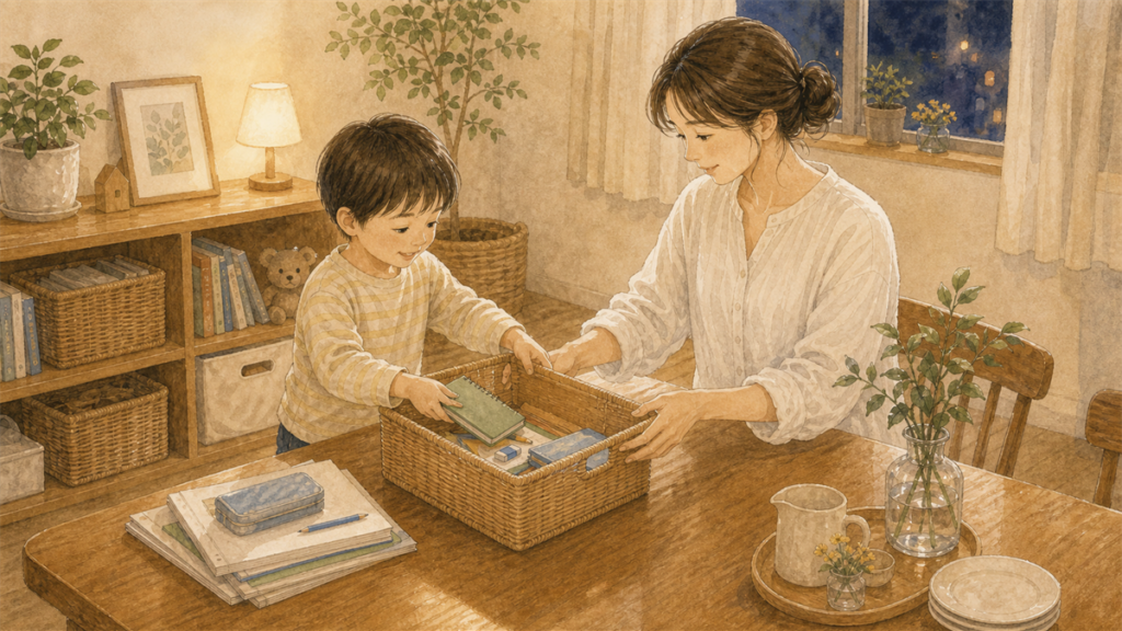 食事前に学用品を一時避難ボックスへ入れているイラスト