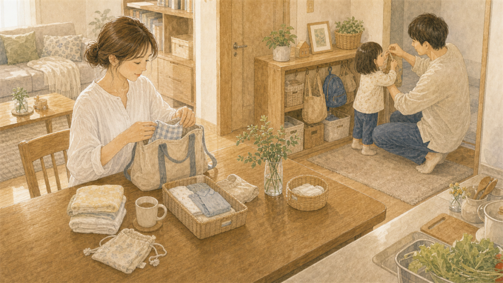 保育園準備を家族で分担しているイラスト