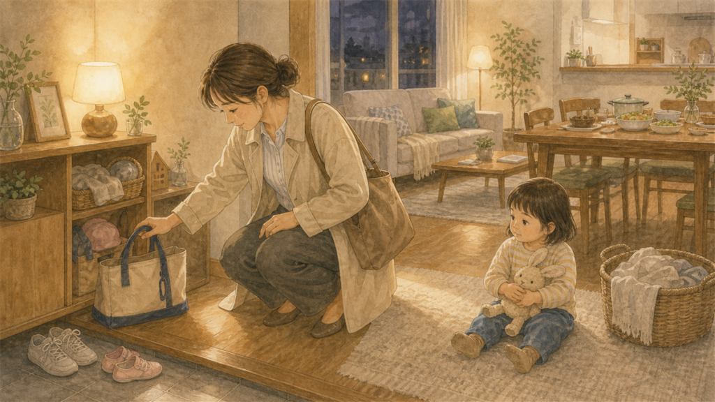 保育園から帰宅してバッグを定位置に置く親子のイラスト
