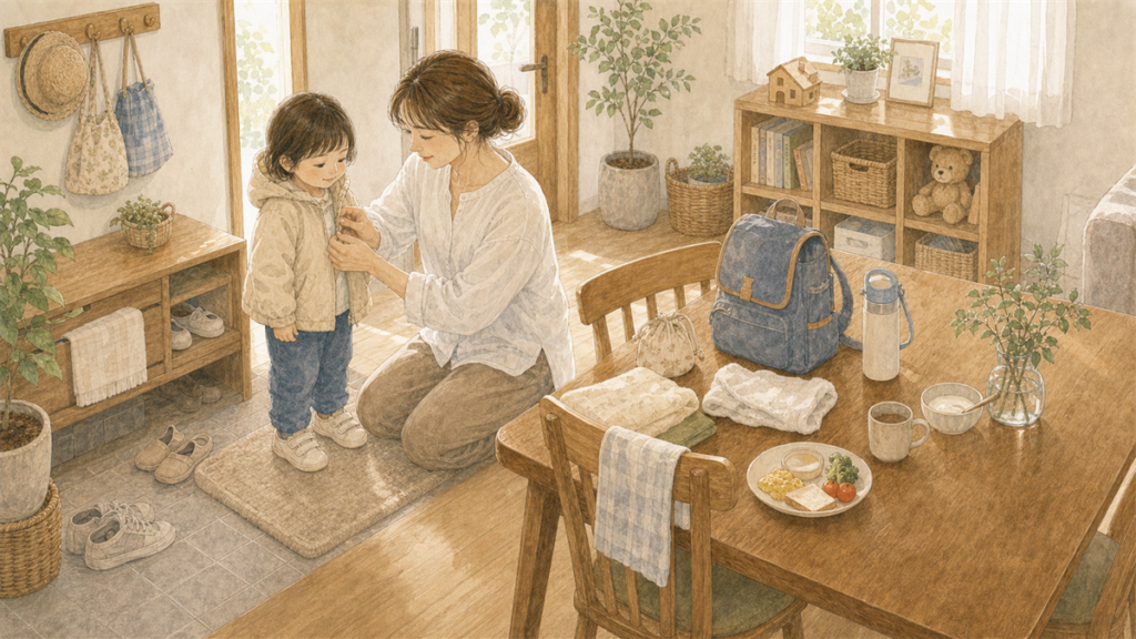 保育園に行く朝に子どもの身支度を整えている母親のイラスト