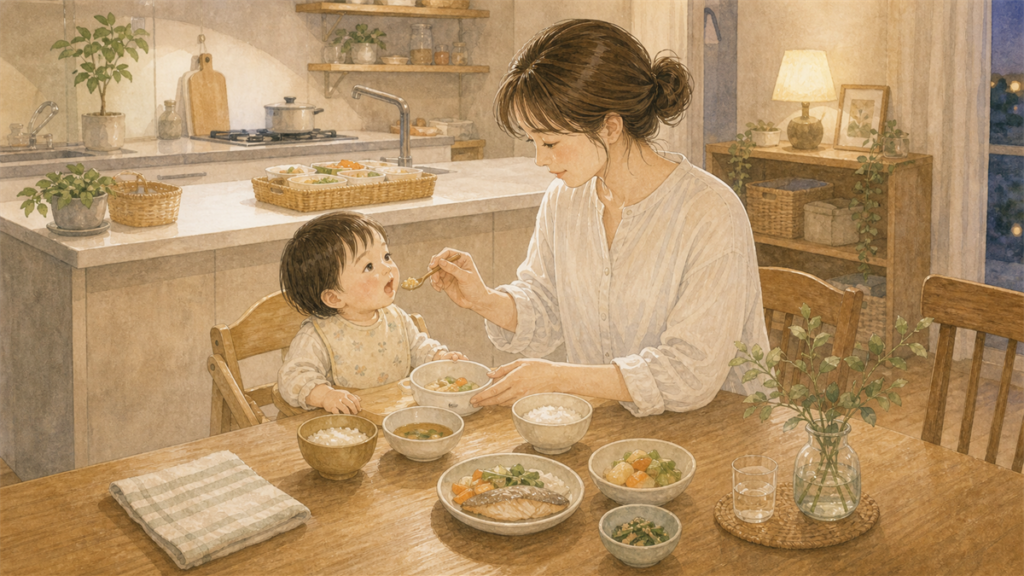 保育園帰りの子どもにすぐ出せる夕食を用意しているイラスト