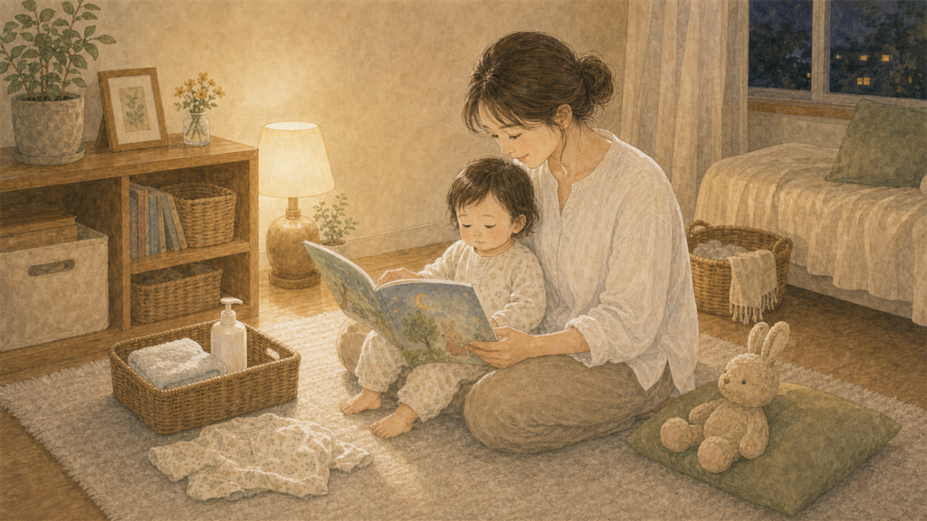 お風呂後に静かに絵本を読んで寝る準備をしている親子のイラスト