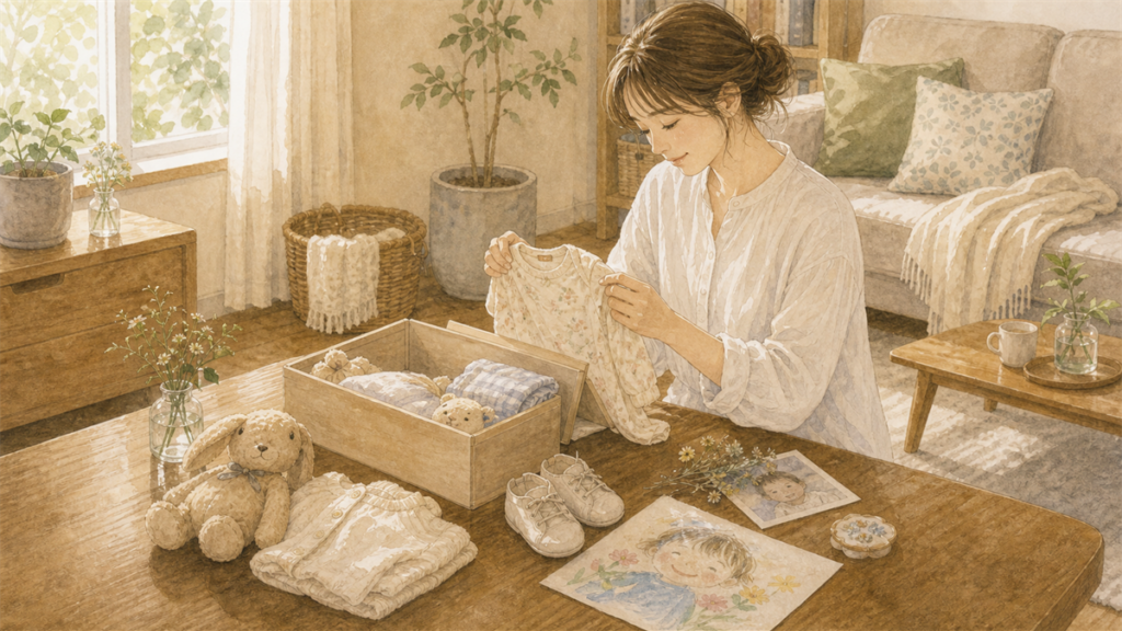 子どもの服やおもちゃを思い出として大切に見つめる母親のイラス