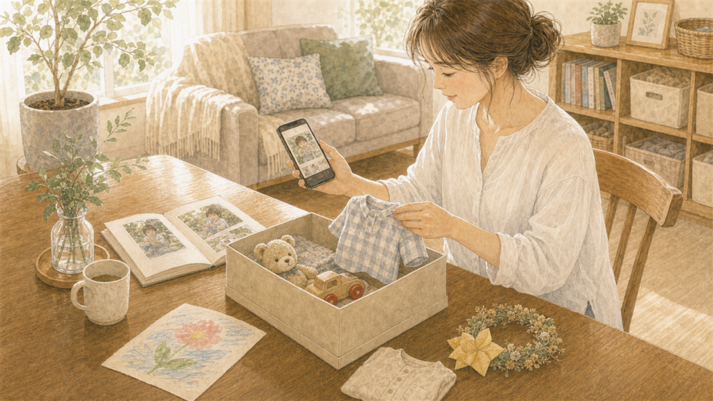 子どもの思い出の品を写真と箱で残しているイラスト