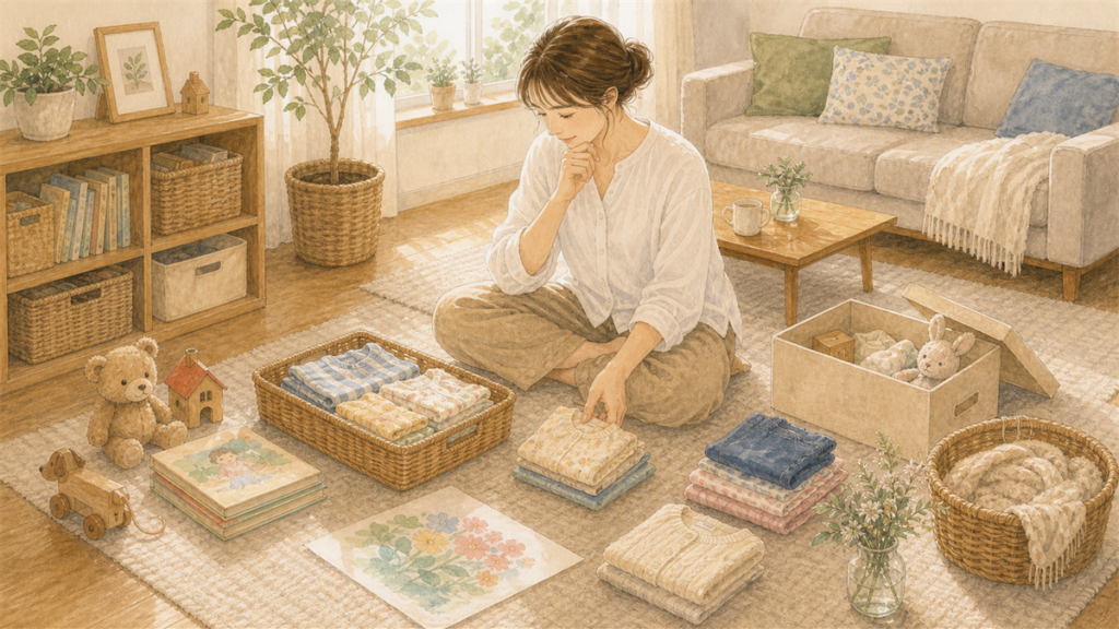 子どもの物を整理する前に残す物を分けて考えているイラスト