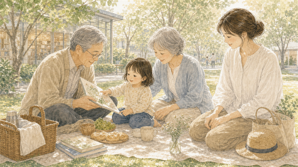 祖父母と孫が一緒に過ごす体験のプレゼントを楽しんでいるイラスト