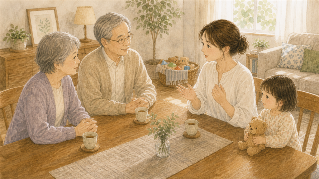 祖父母へ感謝を伝えながらプレゼントの方針を話している家族のイラスト