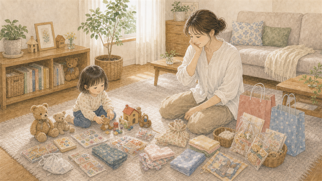 祖父母からの小さなプレゼントが増えてリビングに並んでいるイラスト