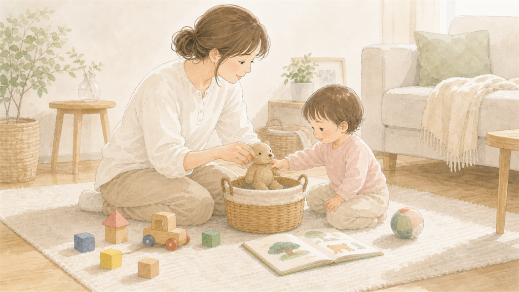 親子でおもちゃをひとつカゴに入れる様子