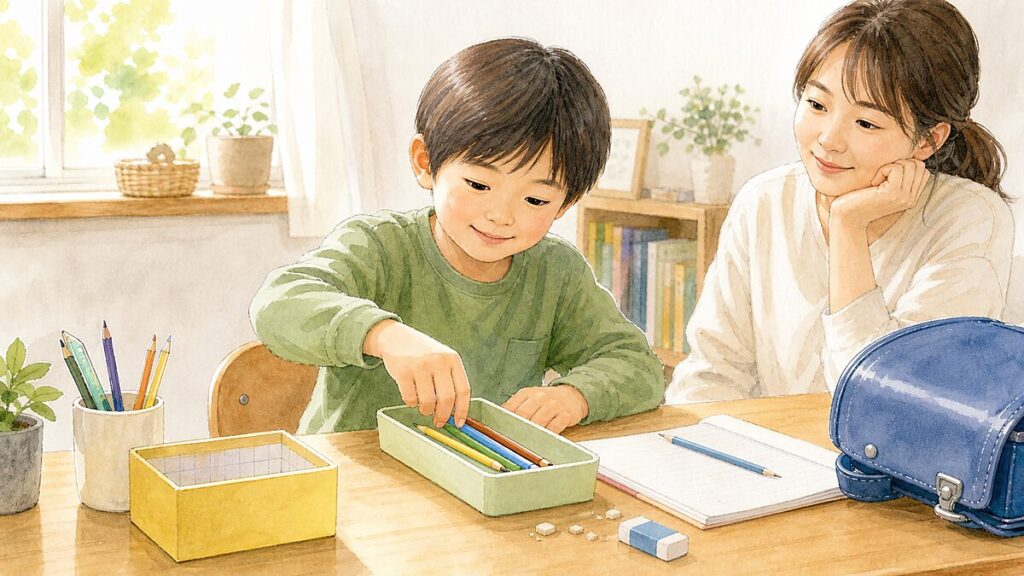 子どもが机の上で鉛筆をトレーに戻し、母親がそばでやさしく見守っているイラスト