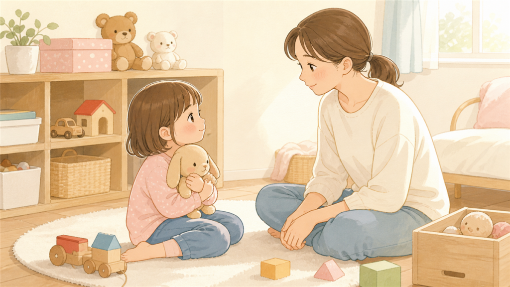 大切なおもちゃを抱える子どもの気持ちに、親がやさしく寄り添っているイラスト
