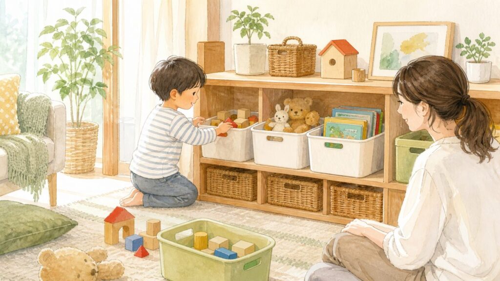 子どもが自分でおもちゃを収納しているイラスト