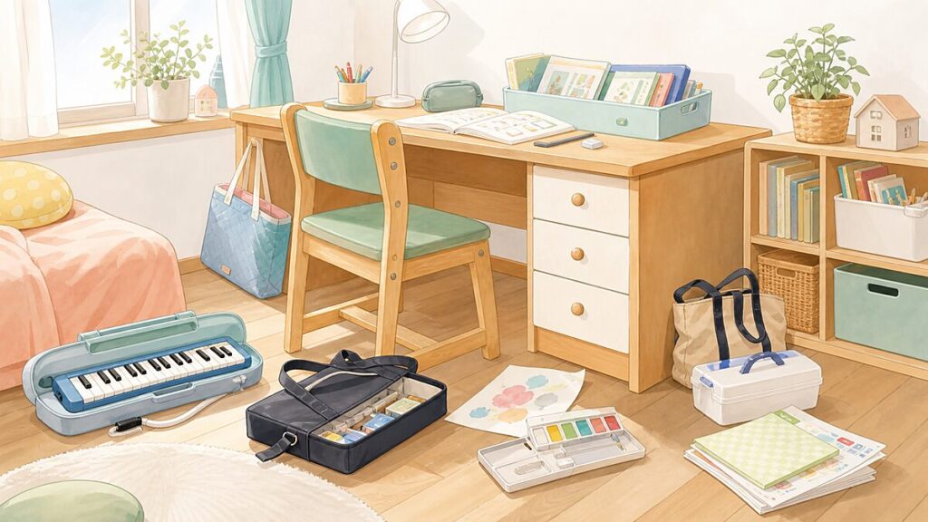 机まわりに鍵盤ハーモニカや絵の具セットなどの学用品が置かれている子供部屋のイラスト