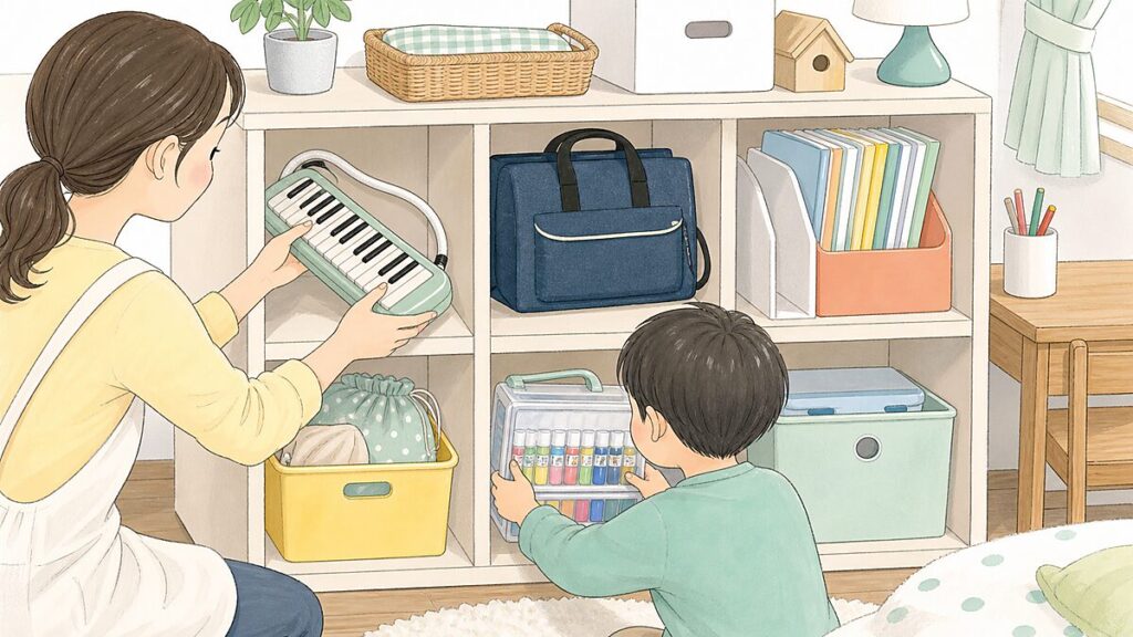 親子で鍵盤ハーモニカや絵の具セットを棚に収納している学用品収納のイラスト