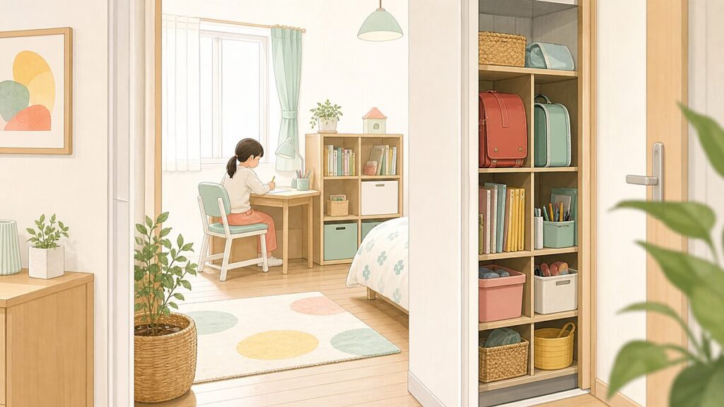 入口から見える子供部屋はすっきりし、棚の側面に学用品を収納しているイラスト