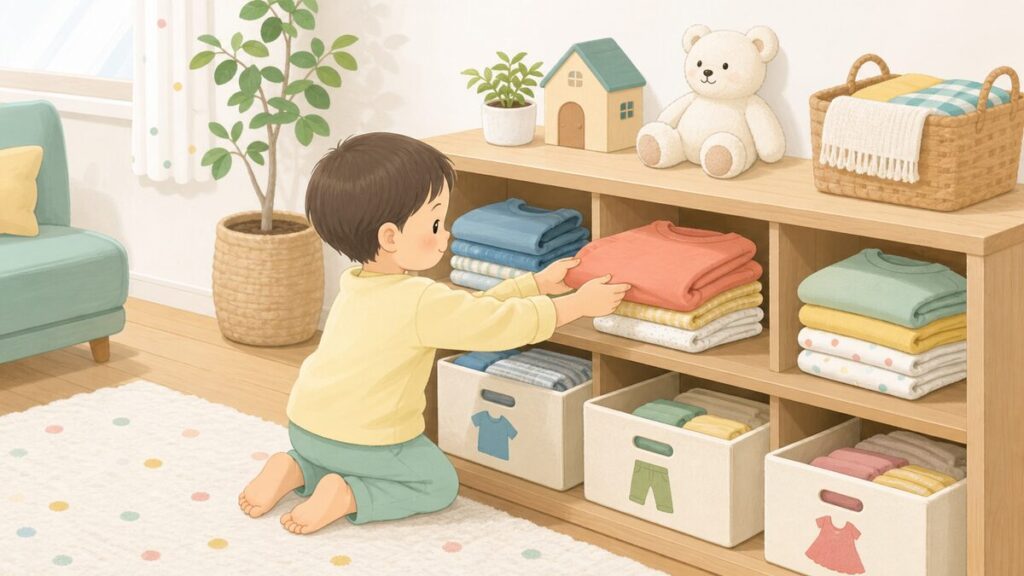 子どもが自分で服を戻せる低い収納棚