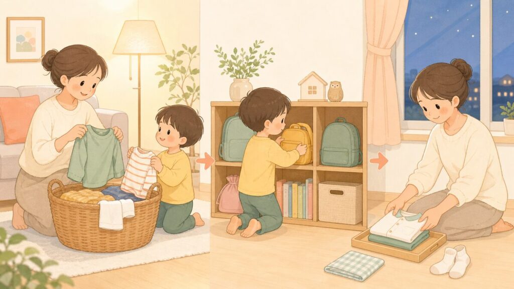 親子で保育園帰りの荷物を片付けて翌日の準備をする様子