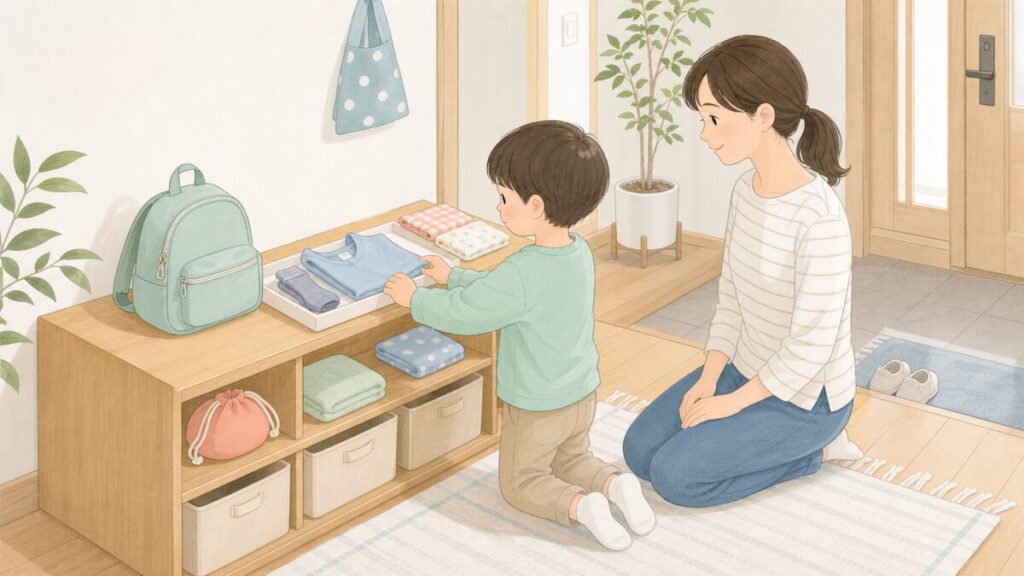 保育園バッグの近くに着替えや小物をまとめた朝の準備スペース