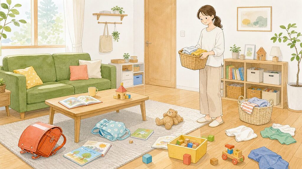 子どものバッグやおもちゃ、絵本がリビングに散らかっている様子をやさしく描いたイラスト