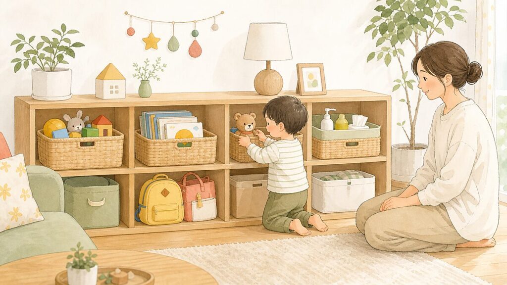 子どもが戻しやすい高さの収納におもちゃや絵本を入れているリビングのイラスト