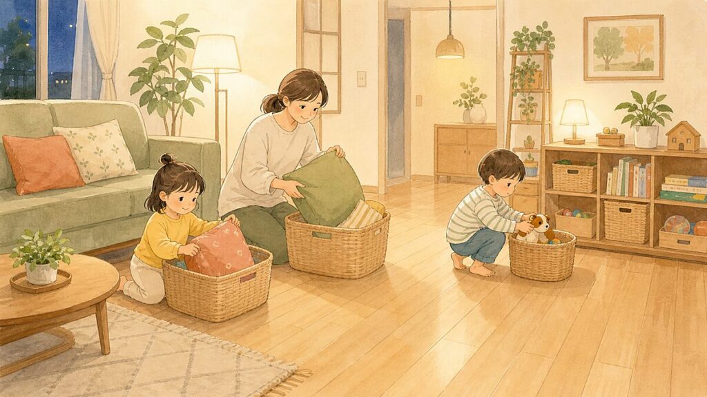 夜のリビングで親子がかごにクッションやおもちゃを戻して片づけているイラスト
