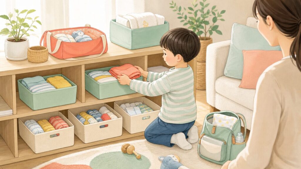 玄関近くのフックから子どもがバッグや上着を自分で準備している様子