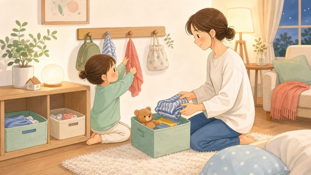前日の夜に親子で翌日の服や持ち物をかごに準備している様子