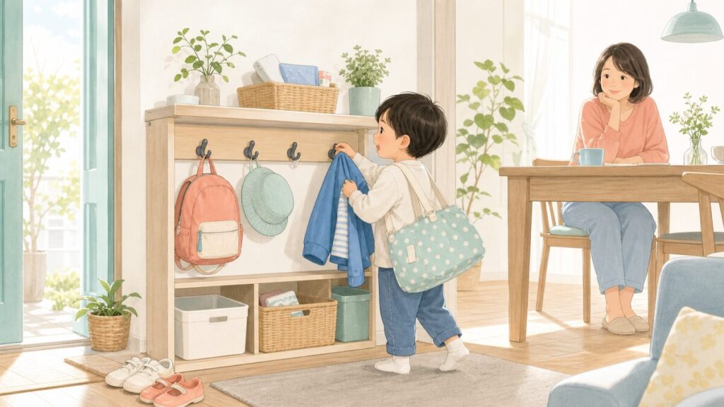 子どもが自分で取れる高さに服や靴下を分けて置いた身支度コーナー