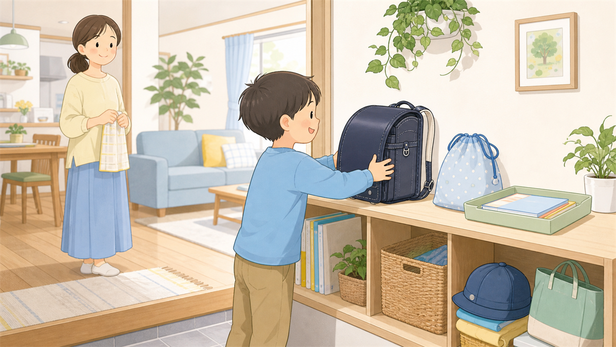 子どもが帰宅後にランドセルを低い棚へ置き、近くにプリントトレーがある準備コーナーのイラスト