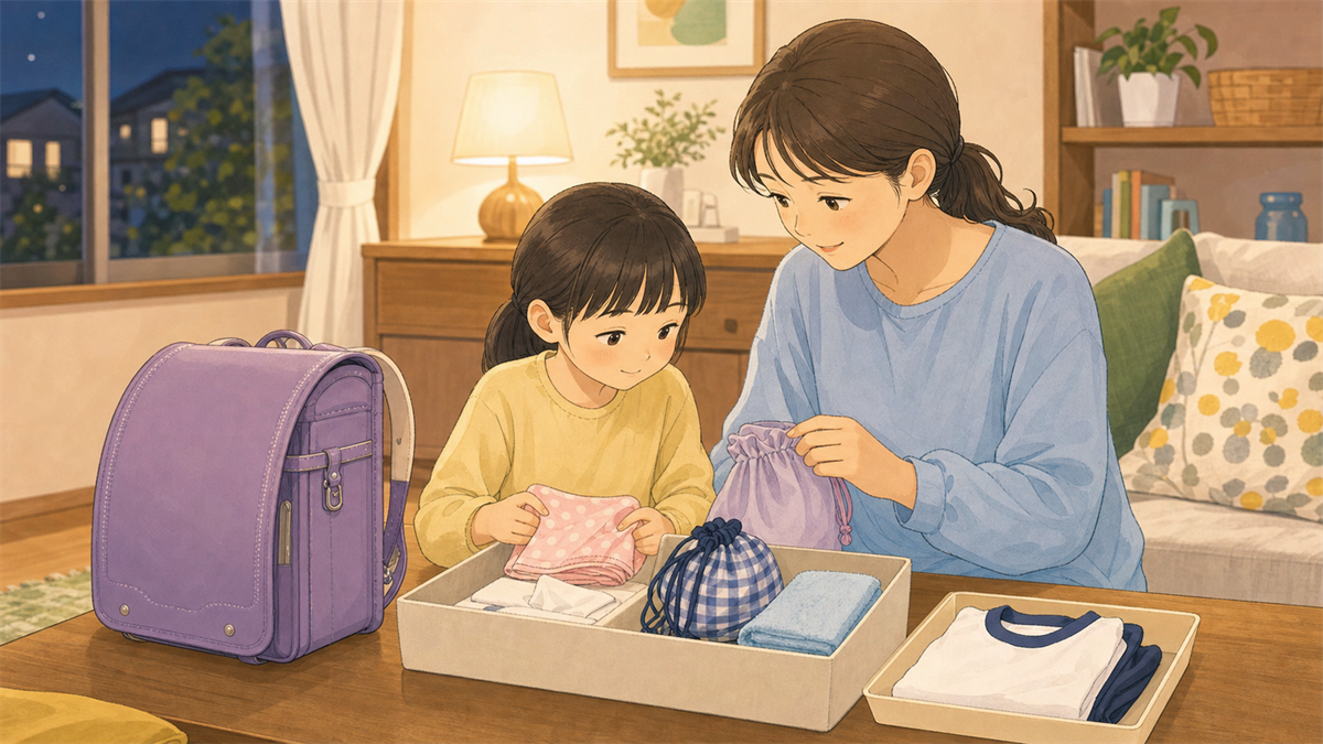 夜に親子で給食袋やハンカチを箱にまとめて翌日の準備をしているイラスト