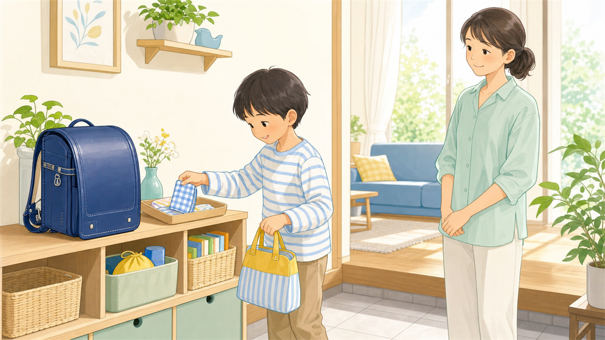 朝に子どもが低い棚からハンカチと手提げ袋を取り、自分で登校準備をしているイラスト