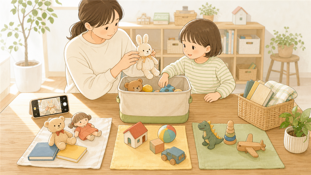 親子でおもちゃを保留箱に分け、思い出を写真に残しながら片付けているイラスト