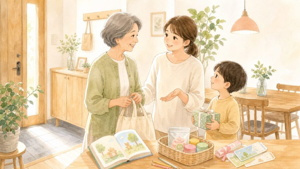 祖母からのプレゼントについて親子で話しているイラスト