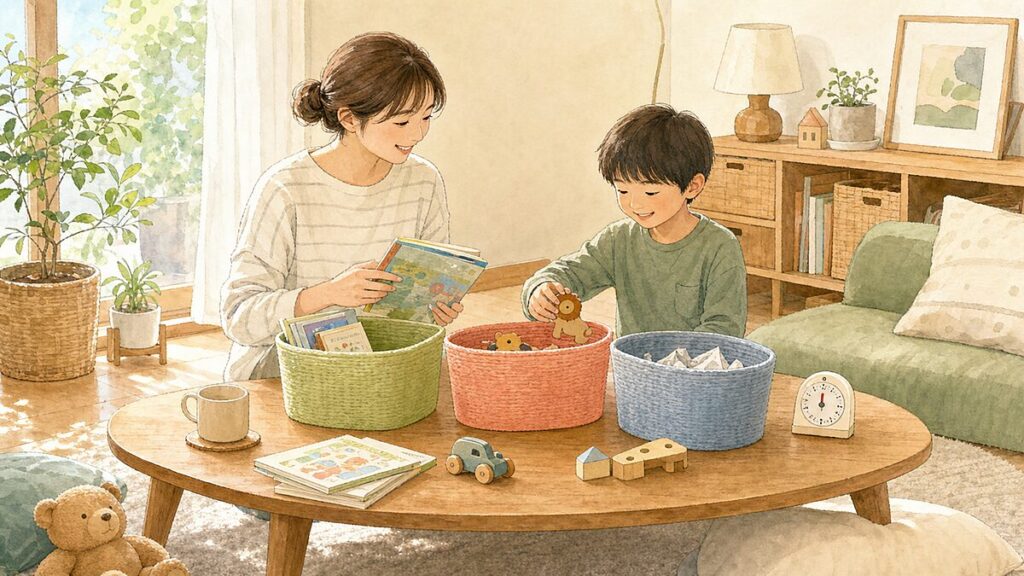 親子が明るいリビングで本やおもちゃをかごに分けながら、週末の片付けをしているイラスト