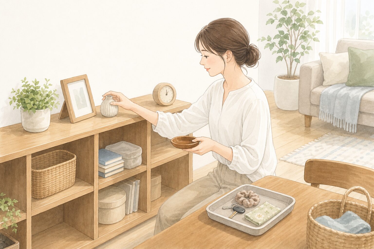 リビングの棚やテーブル上の小物を見直している女性のやさしいイラスト