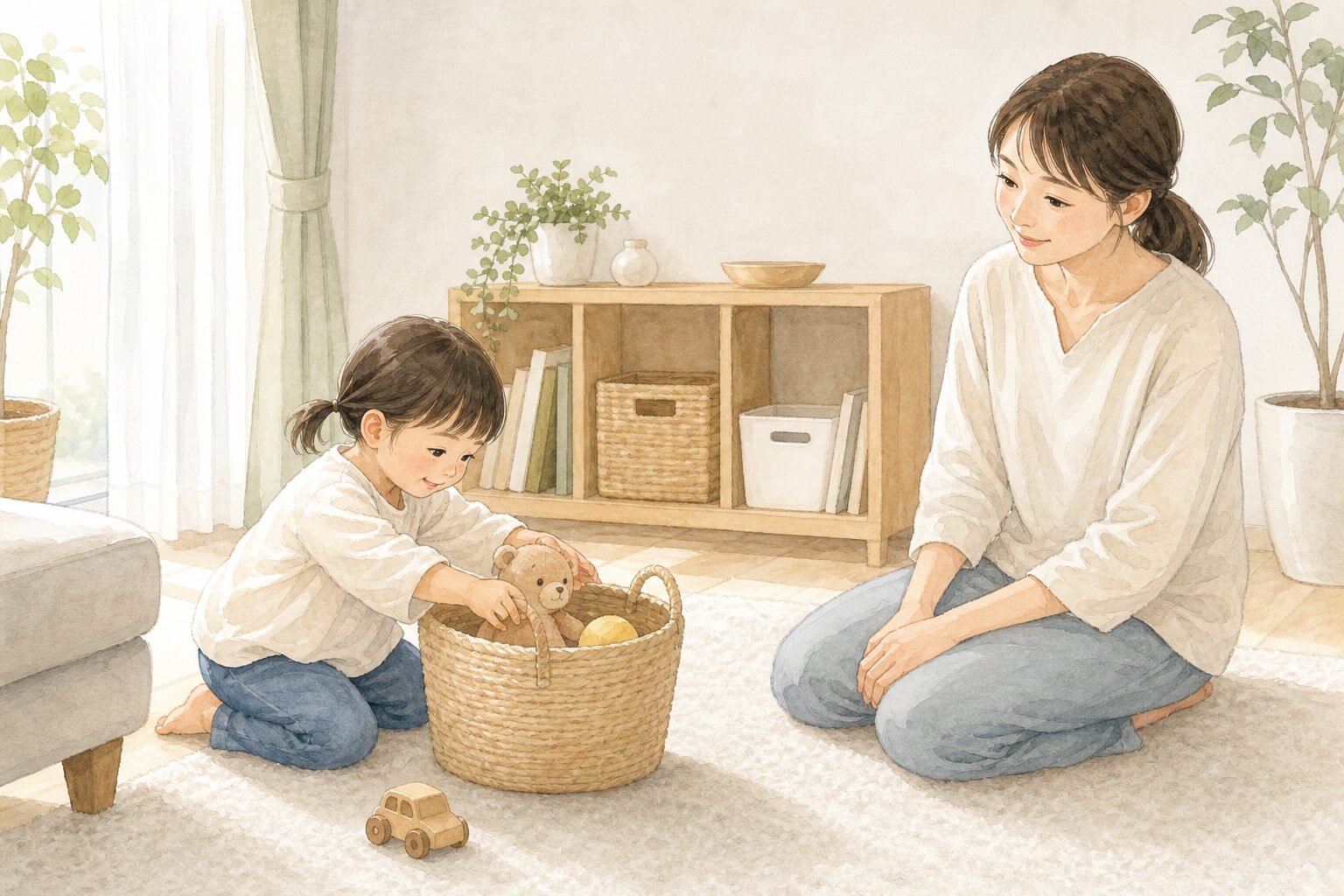子どもがおもちゃを小さなかごへ戻しているリビング収納のイラスト