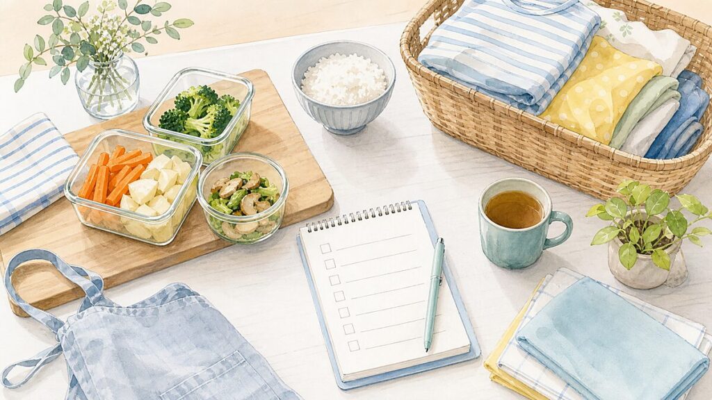 家事をラクにするための食材や洗濯物、メモ帳を並べたやさしい雰囲気のイラスト