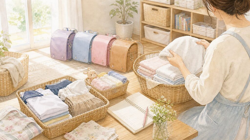 4人の娘のランドセルや洗濯物をかごで整理する家事のイラスト