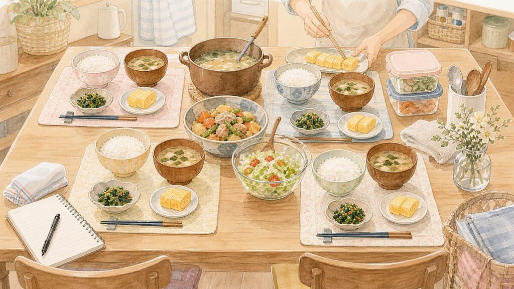 4人分の食事を無理なく用意する食卓と台所の懐かしいイラスト