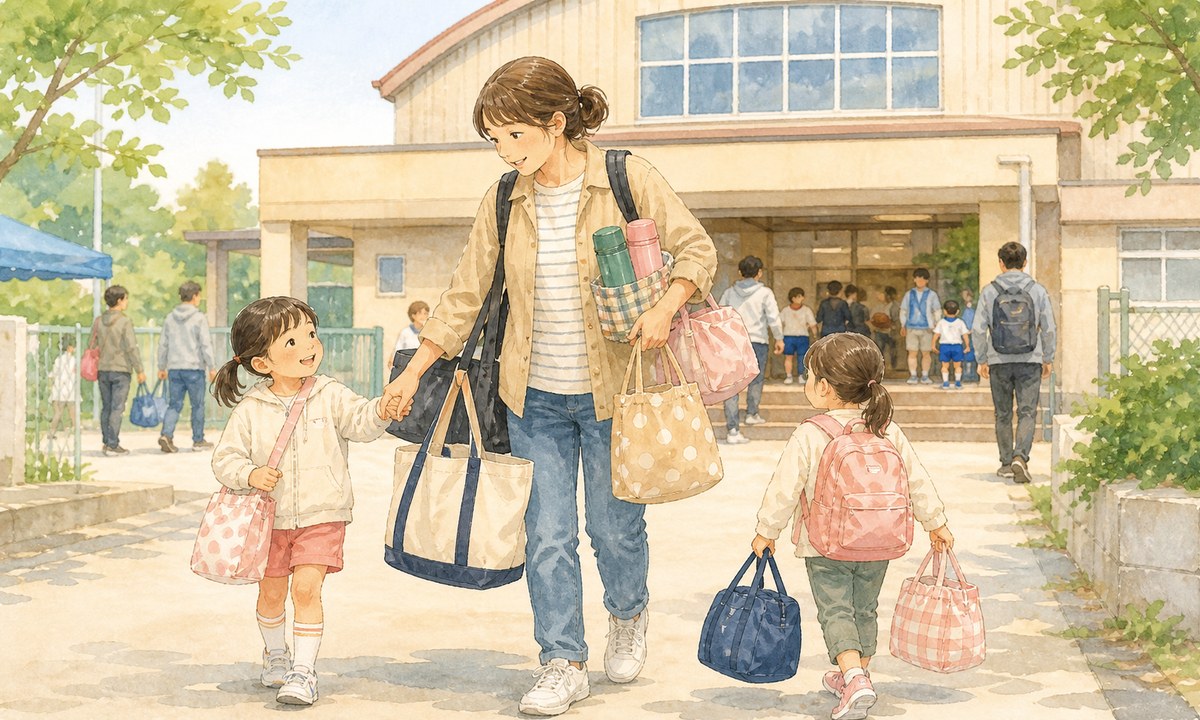 お弁当や荷物を持って小さな子と体育館へ向かう母親のイラスト