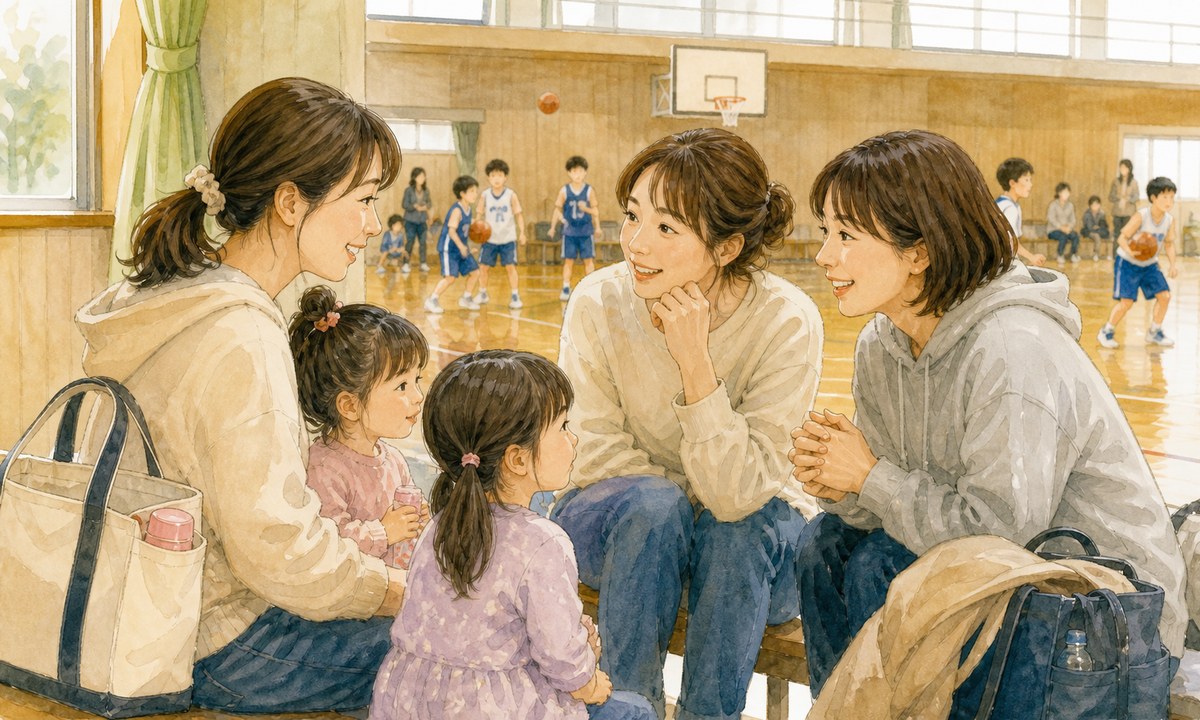 体育館で部活のお母さんたちに声をかけてもらう母親のイラスト